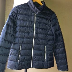Navy Puff Jacket with black faux leather accents